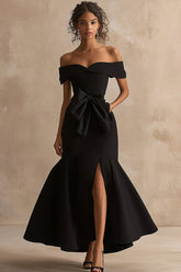 Schwarzes Satin Meerjungfrauen Langes Ballkleid mit Schlitz